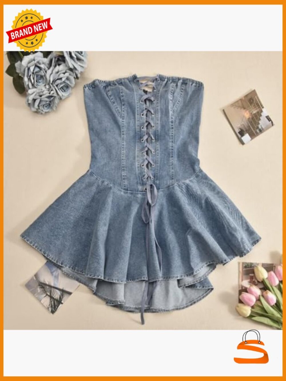 Strapless Denim Tube Mini Dress Ruffled Hem Bodycon Back Zipper - Picture 4 of 5